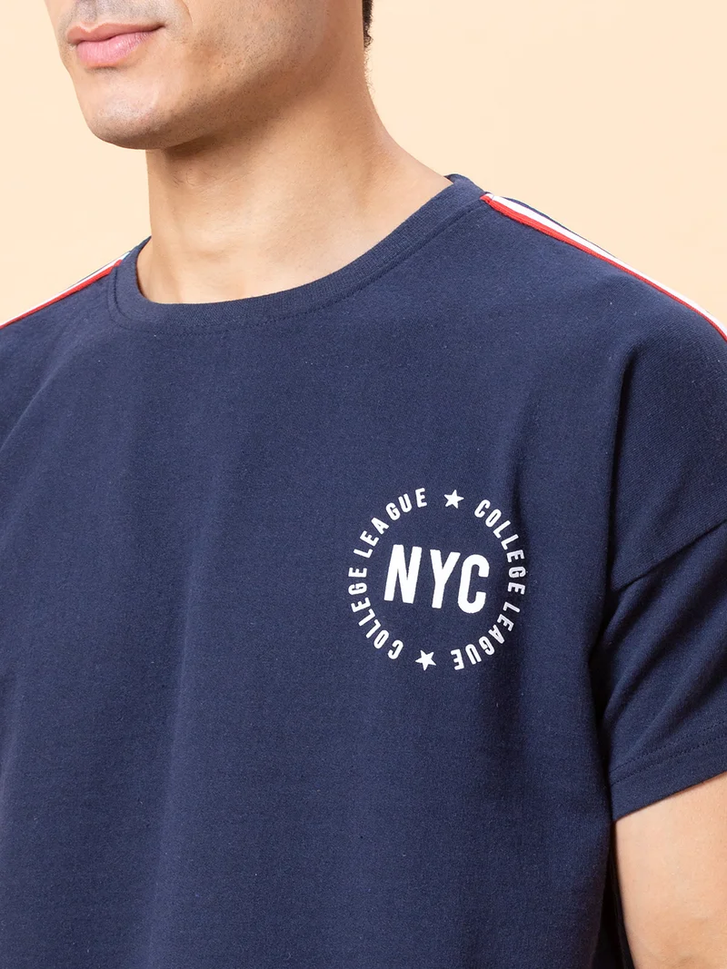 globus  Globus Men Navy Solid Cotton Sports Co-Ords Set with T-shirt and Jogger for Men | Best Price UAE